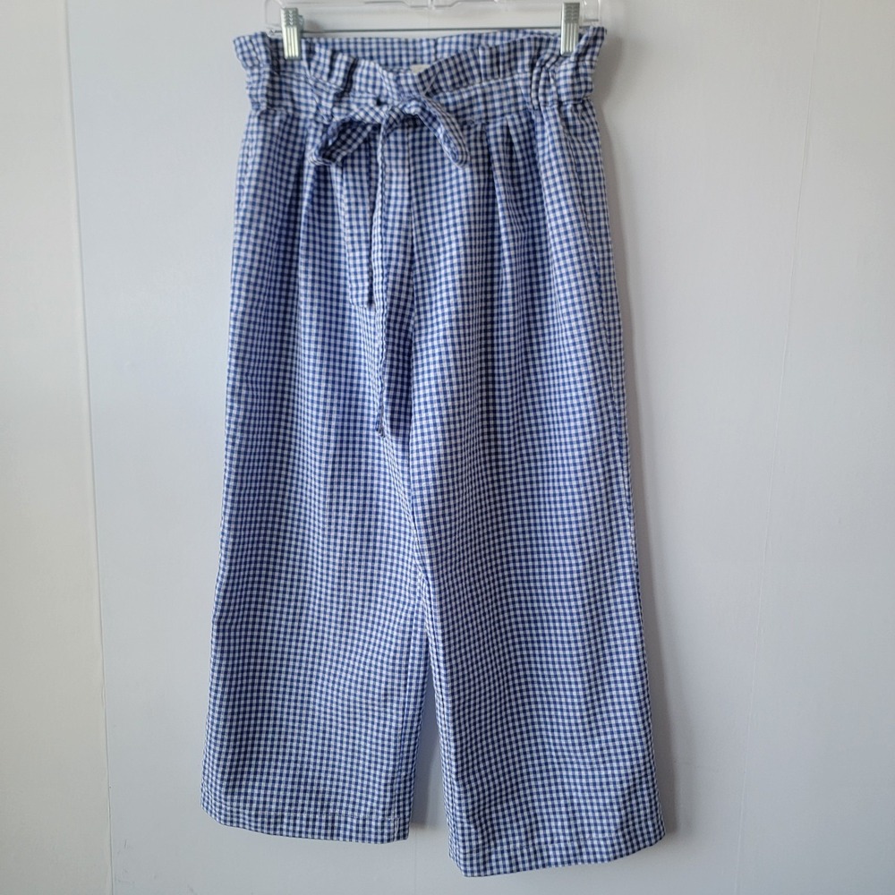 Joie Women's Gingham Crop Pants size M Paperbag Tie Waist Blue White Wide Leg